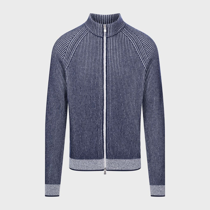 Premium Vertical Rib Structure Full Zipper Cardigan in Navy — Emanuel Berg