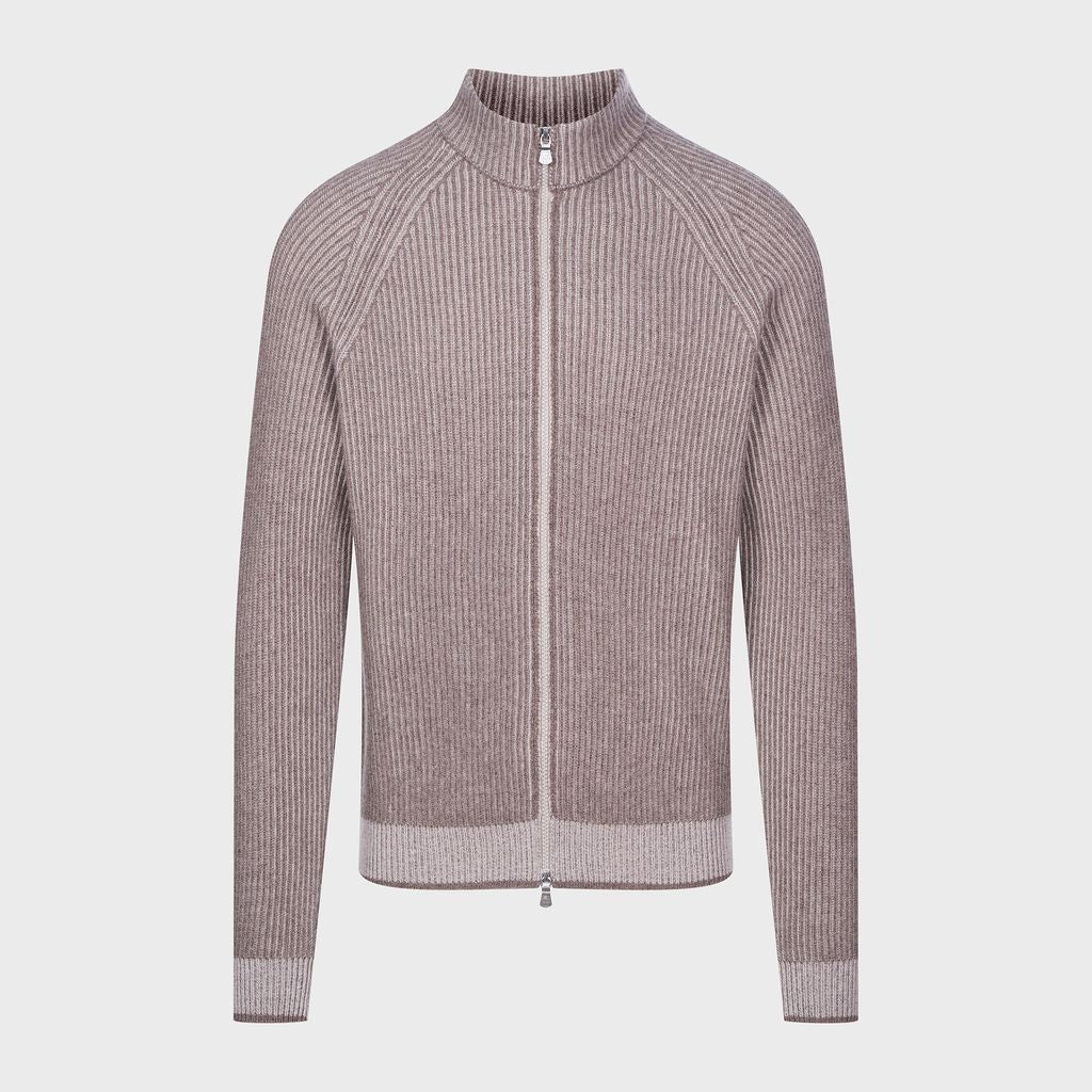 Premium Vertical Rib Structure Full Zipper Cardigan in 226 MEDIUM BROWN — Emanuel Berg