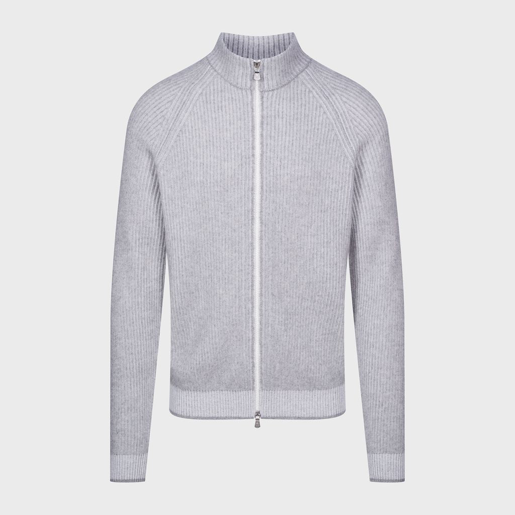Premium Vertical Rib Structure Full Zipper Cardigan in 226 LIGHT GREY — Emanuel Berg