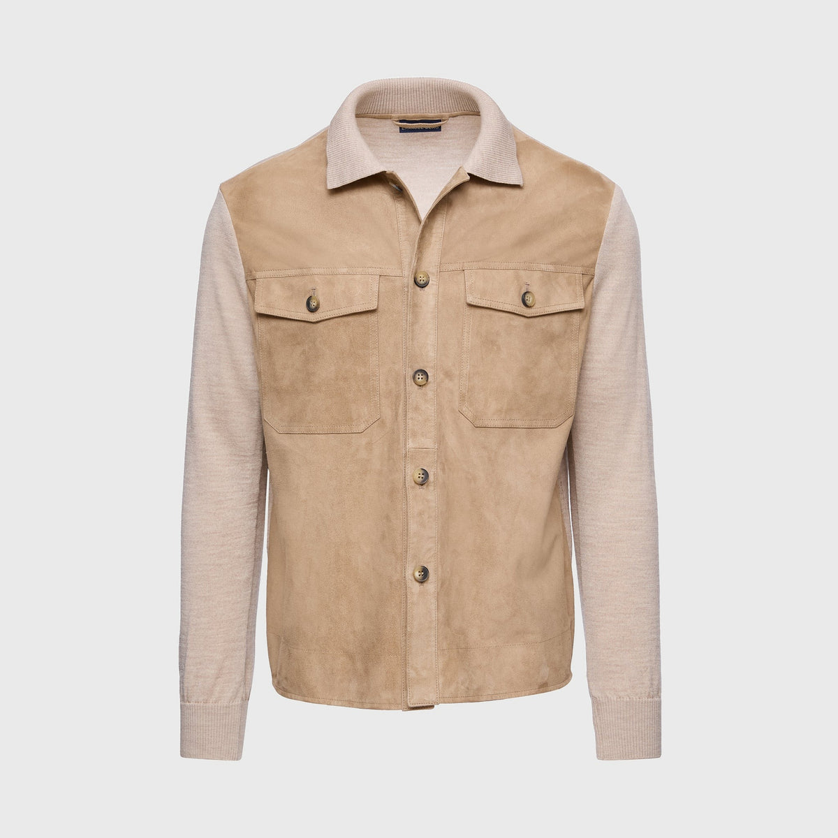 Luxury Hybrid Suede Shirt-Front Cardigan in Light Beige — Emanuel Berg