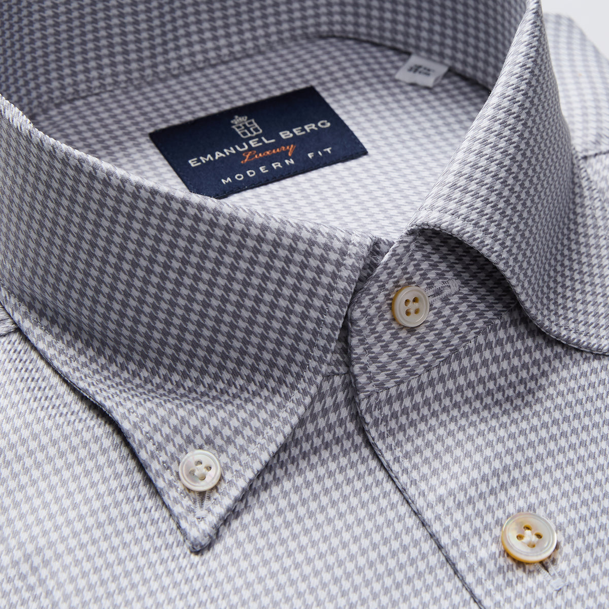 Houndstooth Cotton Twill Dress Shirt — Light Grey in Light Grey — Emanuel Berg