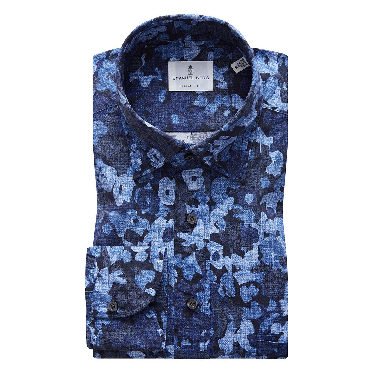 Printed Poplin Stretch Shirt in Dark Blue — Emanuel Berg