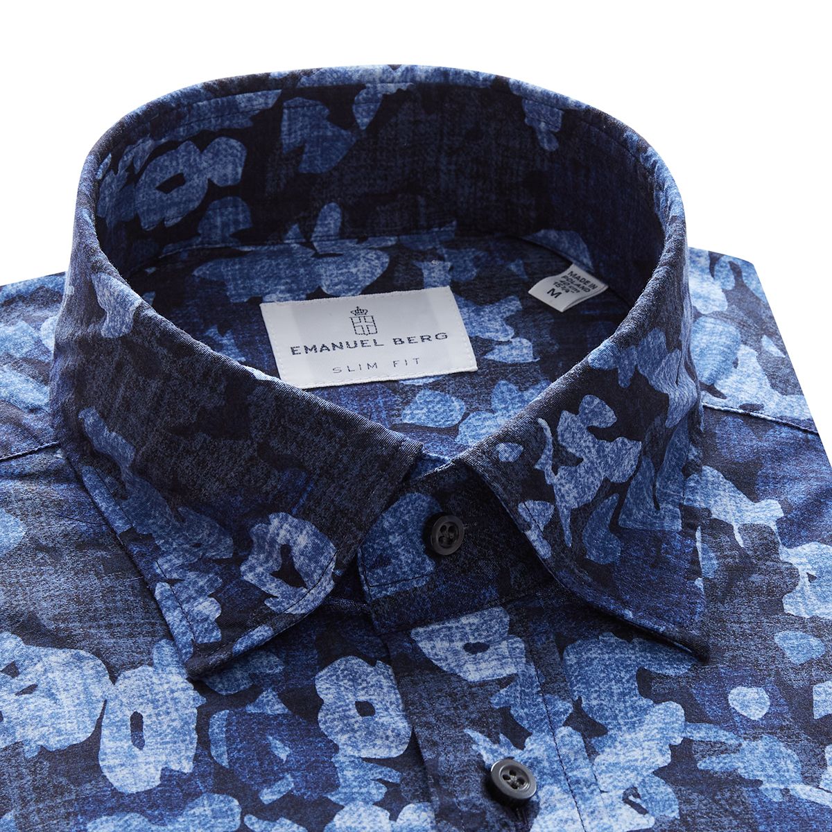 Printed Poplin Stretch Shirt in Dark Blue — Emanuel Berg