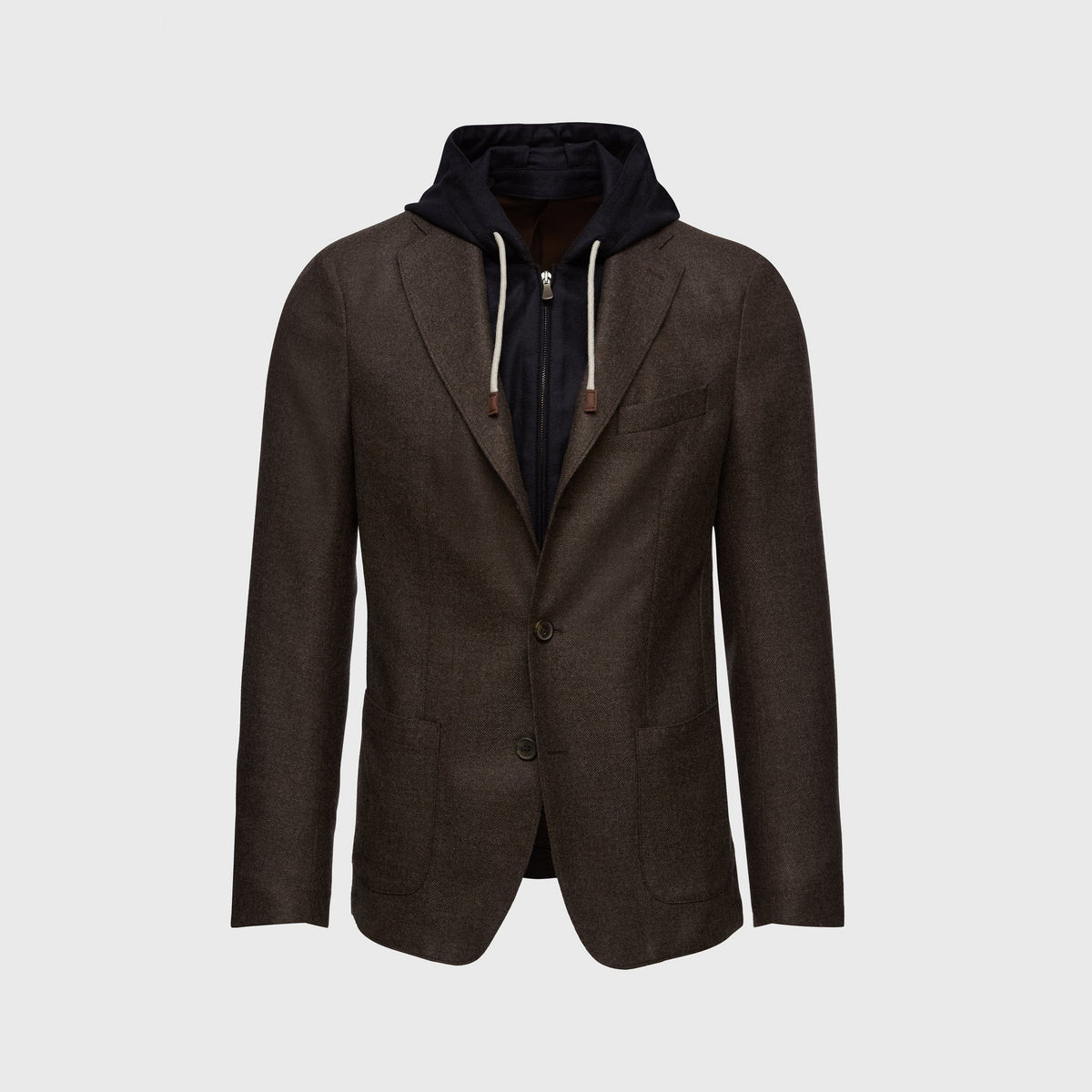 Wool-Cashmere Twill Jacket with Removable Hood — Dark Brown in Dark Brown — Emanuel Berg