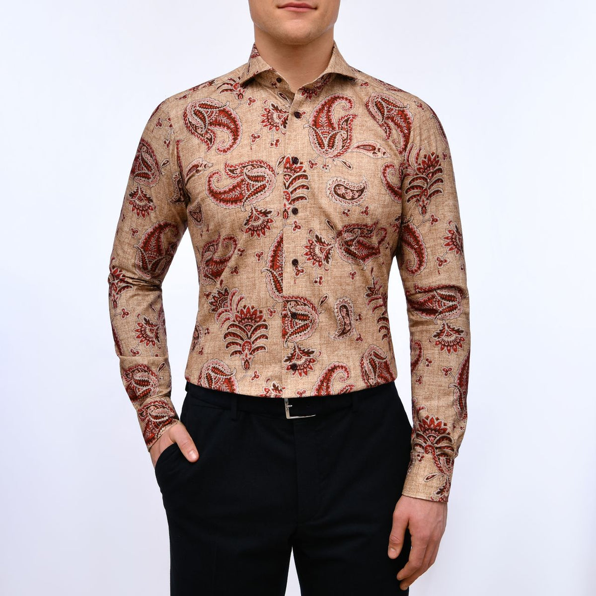 Tailored Brushed Cotton Twill Shirt in Medium Brown — Emanuel Berg