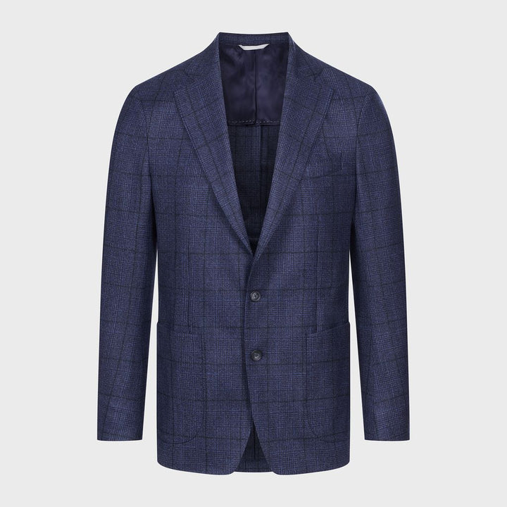 Wool Checked Twill 2-Button Deconstructed Soft Jacket in Dark Blue — Emanuel Berg