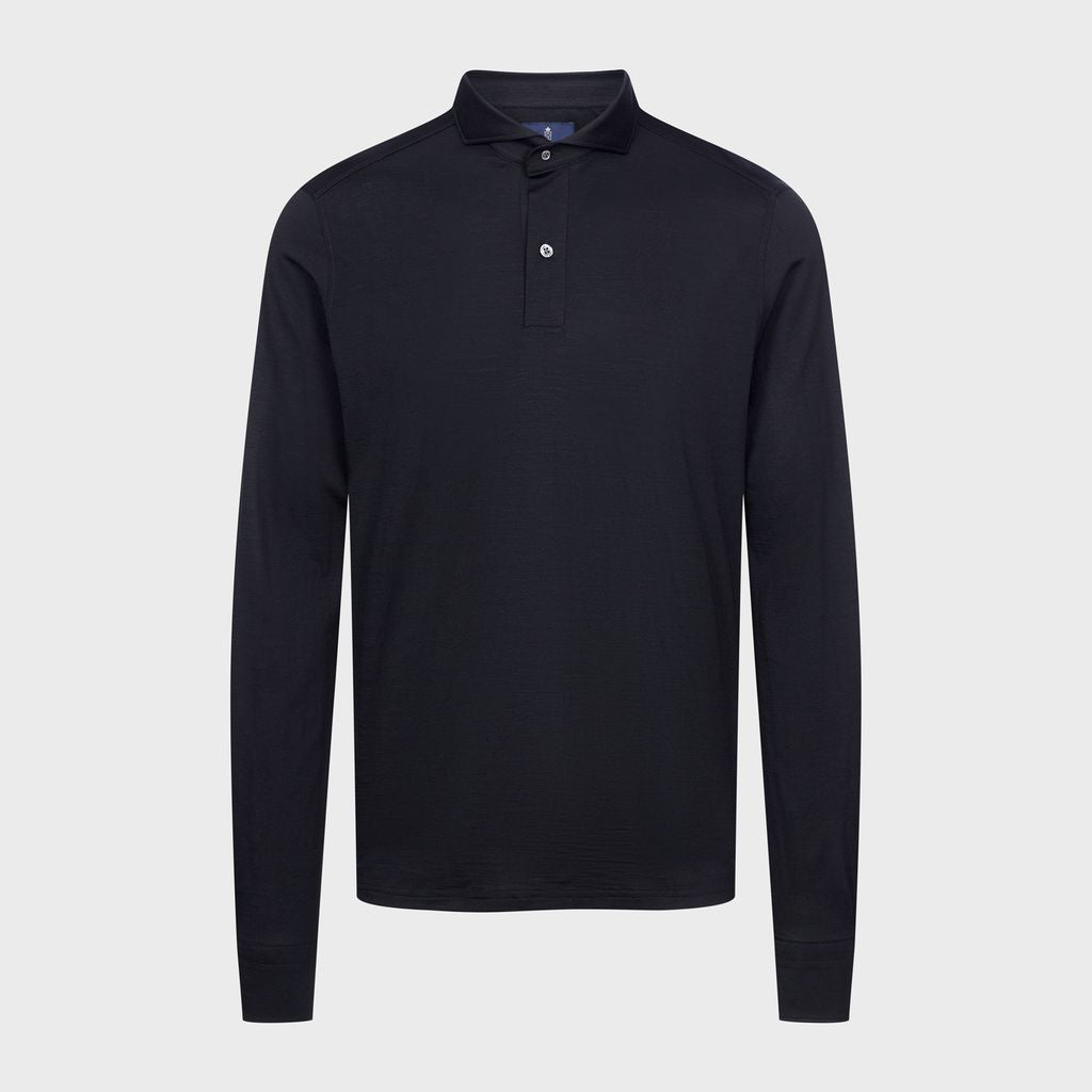 Wool Jersey Long-Sleeve Polo — Black in Black — Emanuel Berg