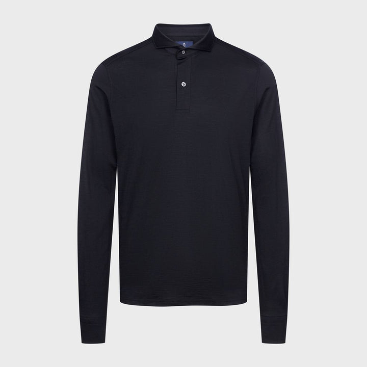 Wool Jersey Long-Sleeve Polo — Black in Black — Emanuel Berg