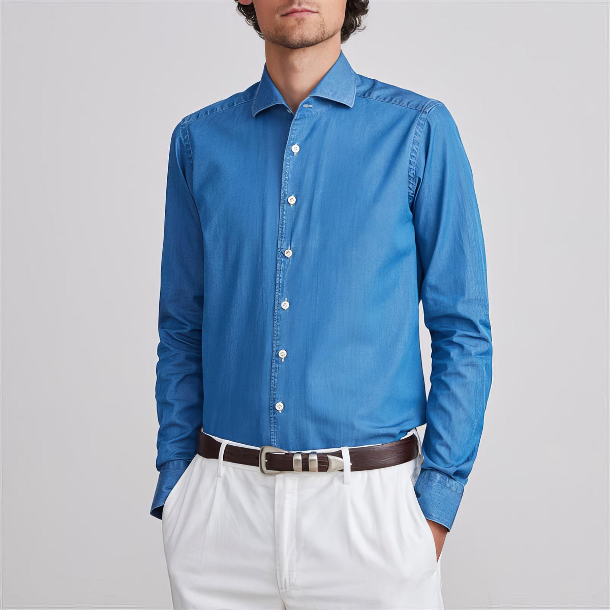 Luxe Denim Twill Shirt in Medium Blue — Emanuel Berg