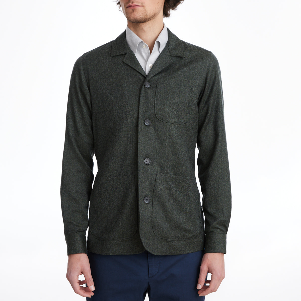Wool Flannel D-Constructed Shirt Jacket in Dark Green — Emanuel Berg