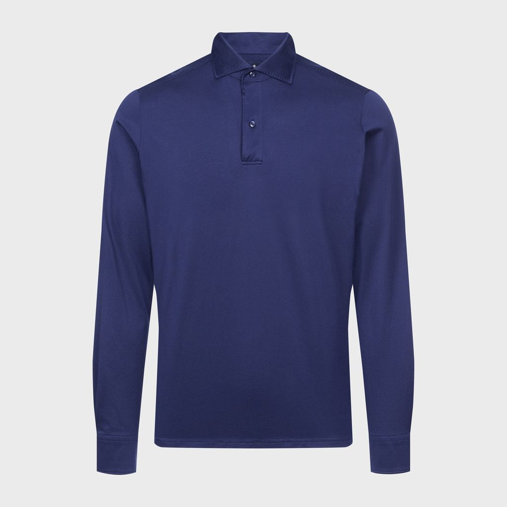 Textured Jacquard Long-Sleeve Knit Polo — Navy in Navy — Emanuel Berg