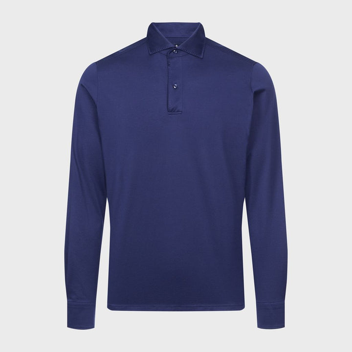 Textured Jacquard Long-Sleeve Knit Polo — Navy in Navy — Emanuel Berg
