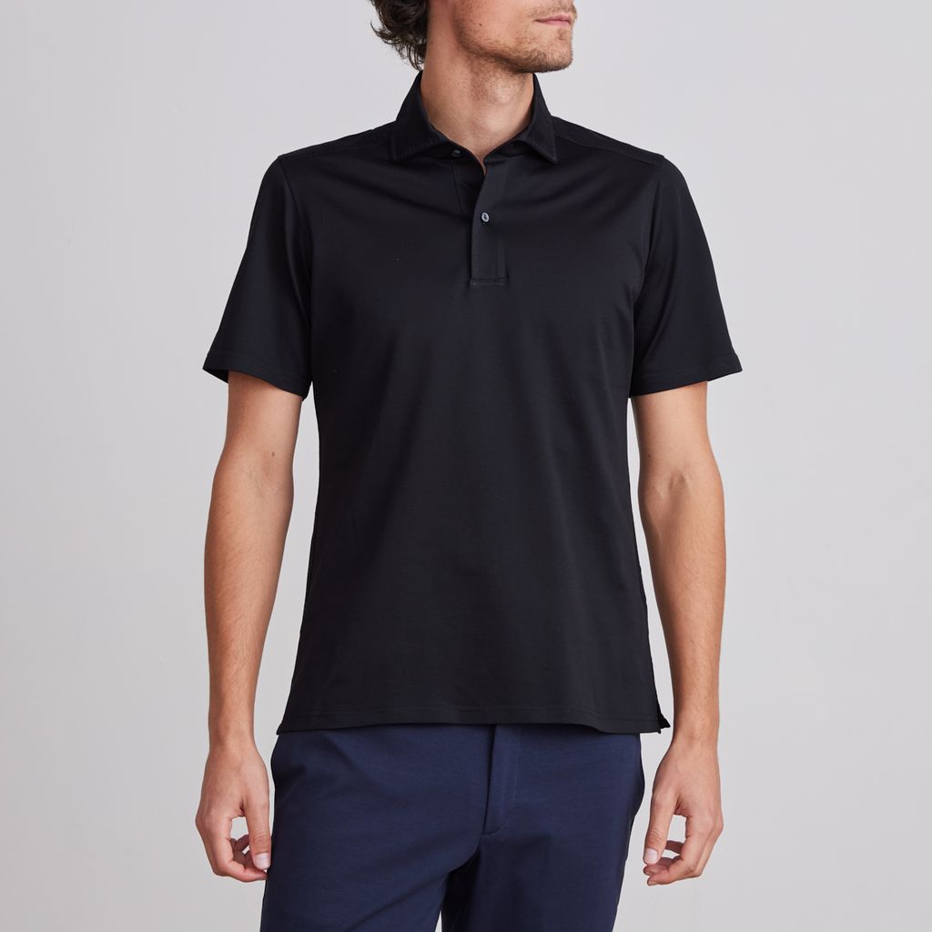 Textured Jacquard Short-Sleeve Polo in Black — Emanuel Berg