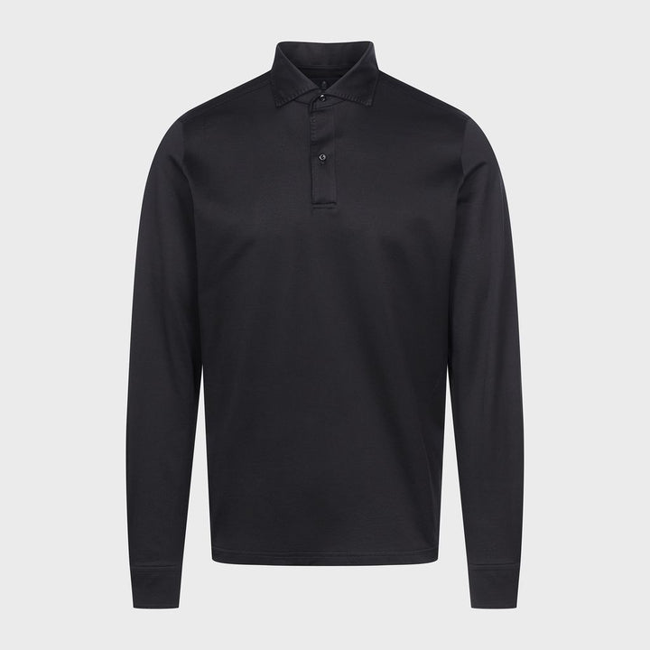 Textured Jacquard Long-Sleeve Knit Polo — Black in Black — Emanuel Berg