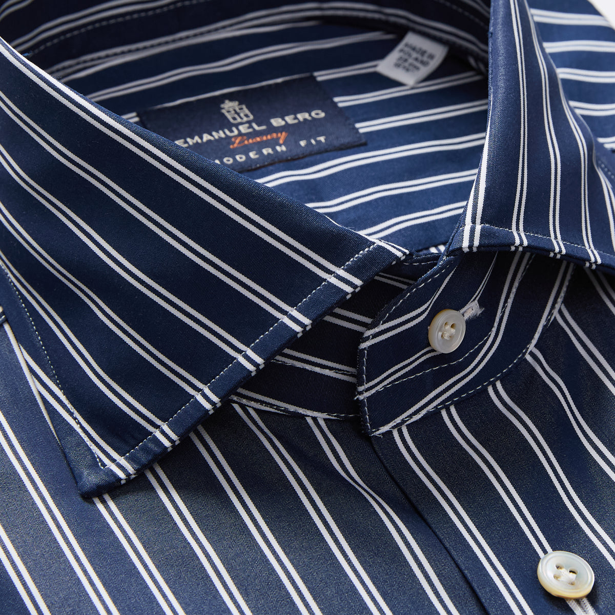 Striped Cotton Poplin Dress Shirt — Navy in Navy — Emanuel Berg