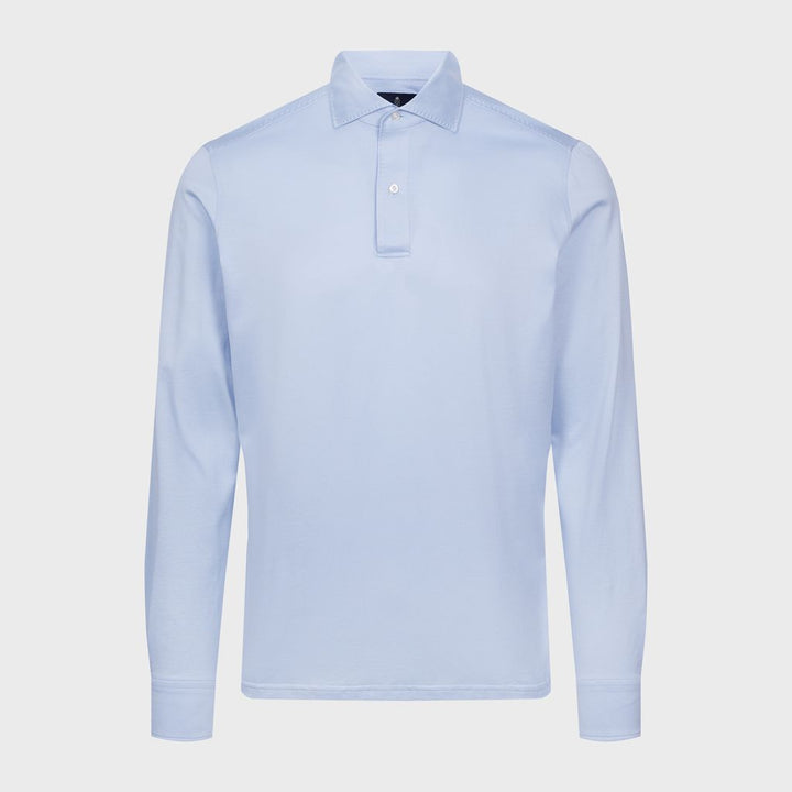 Textured Jacquard Long-Sleeve Knit Polo — Light Blue in Light Pastel Blue — Emanuel Berg