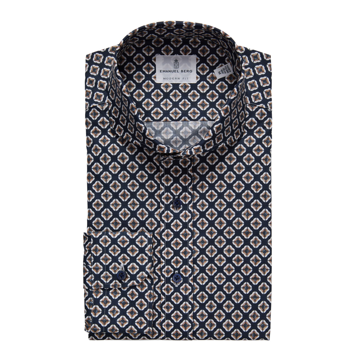 Printed Poplin Casual Stretch Shirt in Dark Navy — Emanuel Berg