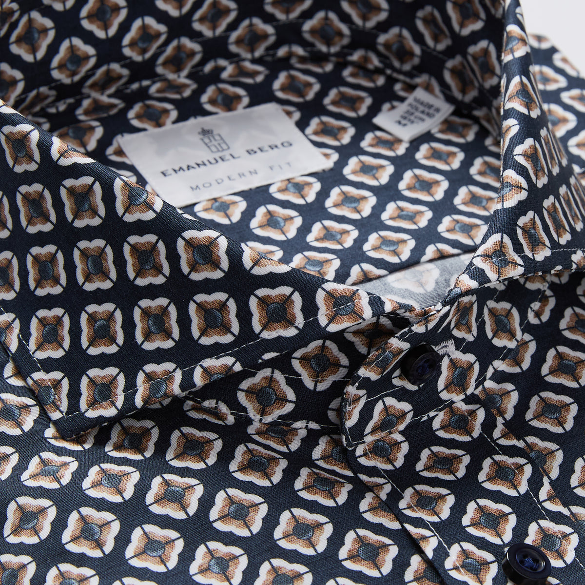 Printed Poplin Casual Stretch Shirt in Dark Navy — Emanuel Berg