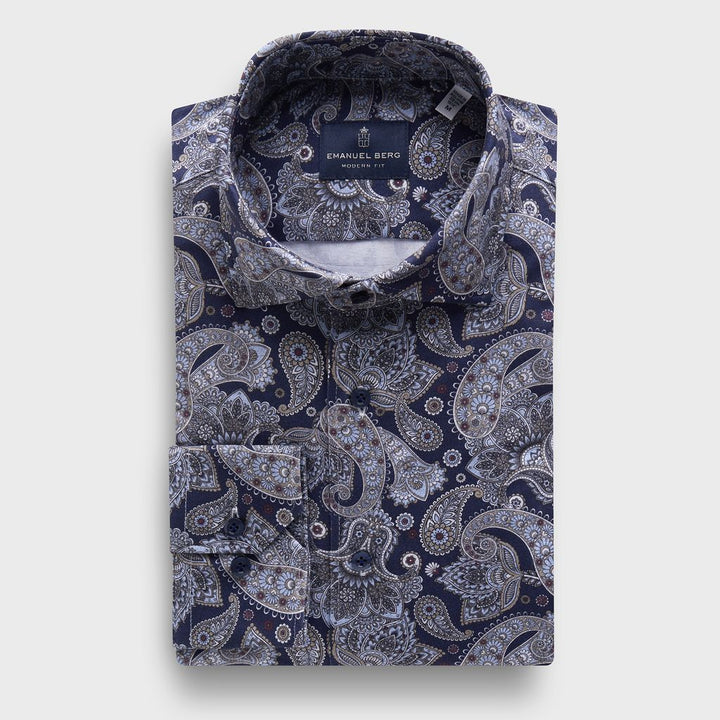 Paisley-Print 4Flex Stretch Knit Shirt — Navy in Navy — Emanuel Berg