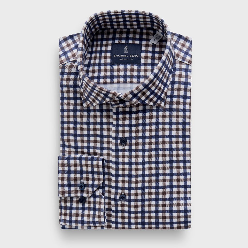 Checked 4Flex Stretch Knit Shirt — Medium Brown in Medium Brown — Emanuel Berg