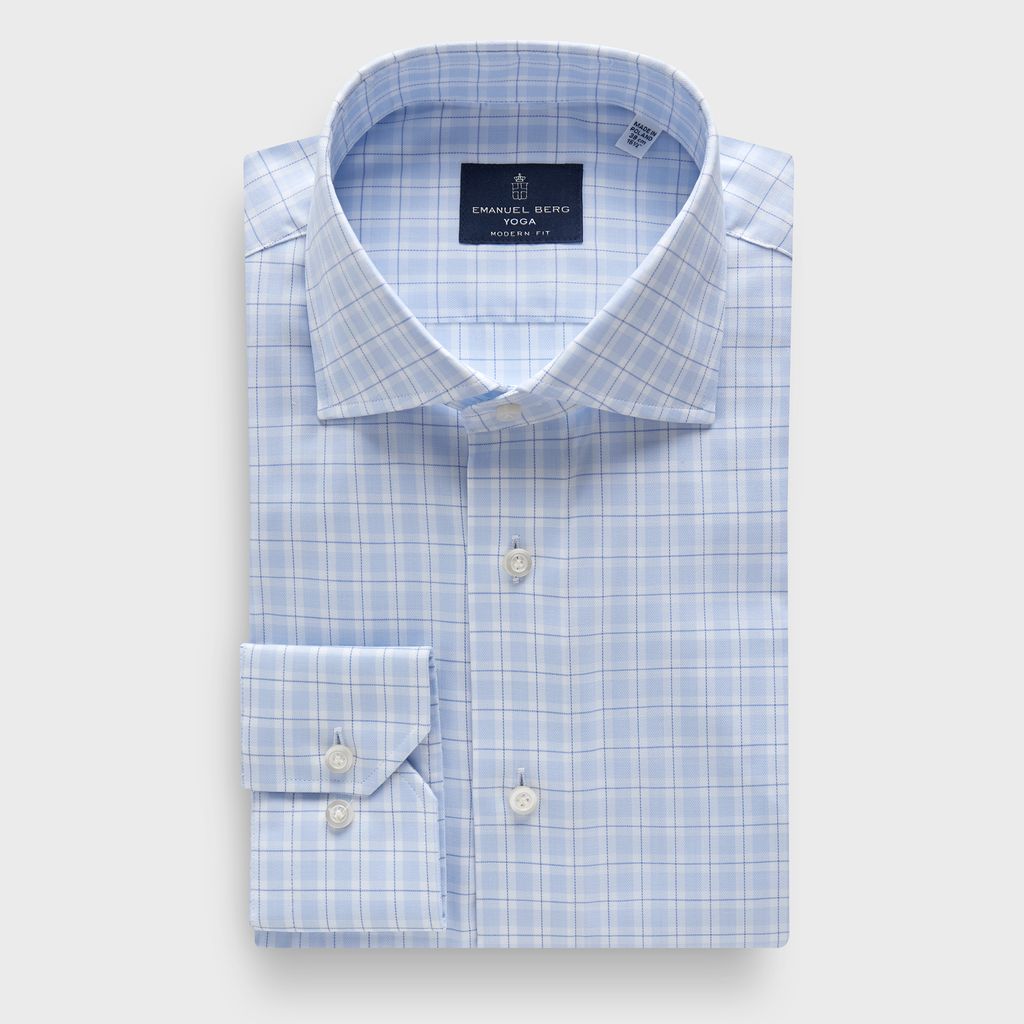 Checked Cotton Twill Premium Luxury Yoga Dress Shirt in MF LIGHT PASTEL BLUE — Emanuel Berg