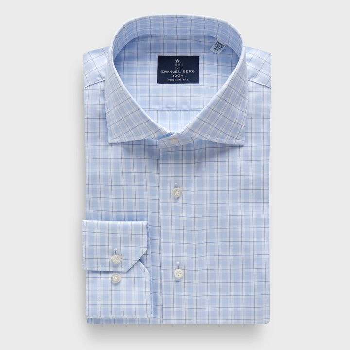 Checked Cotton Twill Premium Luxury Yoga Dress Shirt in Light Pastel Blue — Emanuel Berg