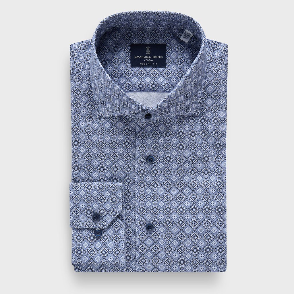 Foulard Pattern Cotton Twill Premium Luxury Yoga Dress Shirt in MF MEDIUM BLUE — Emanuel Berg