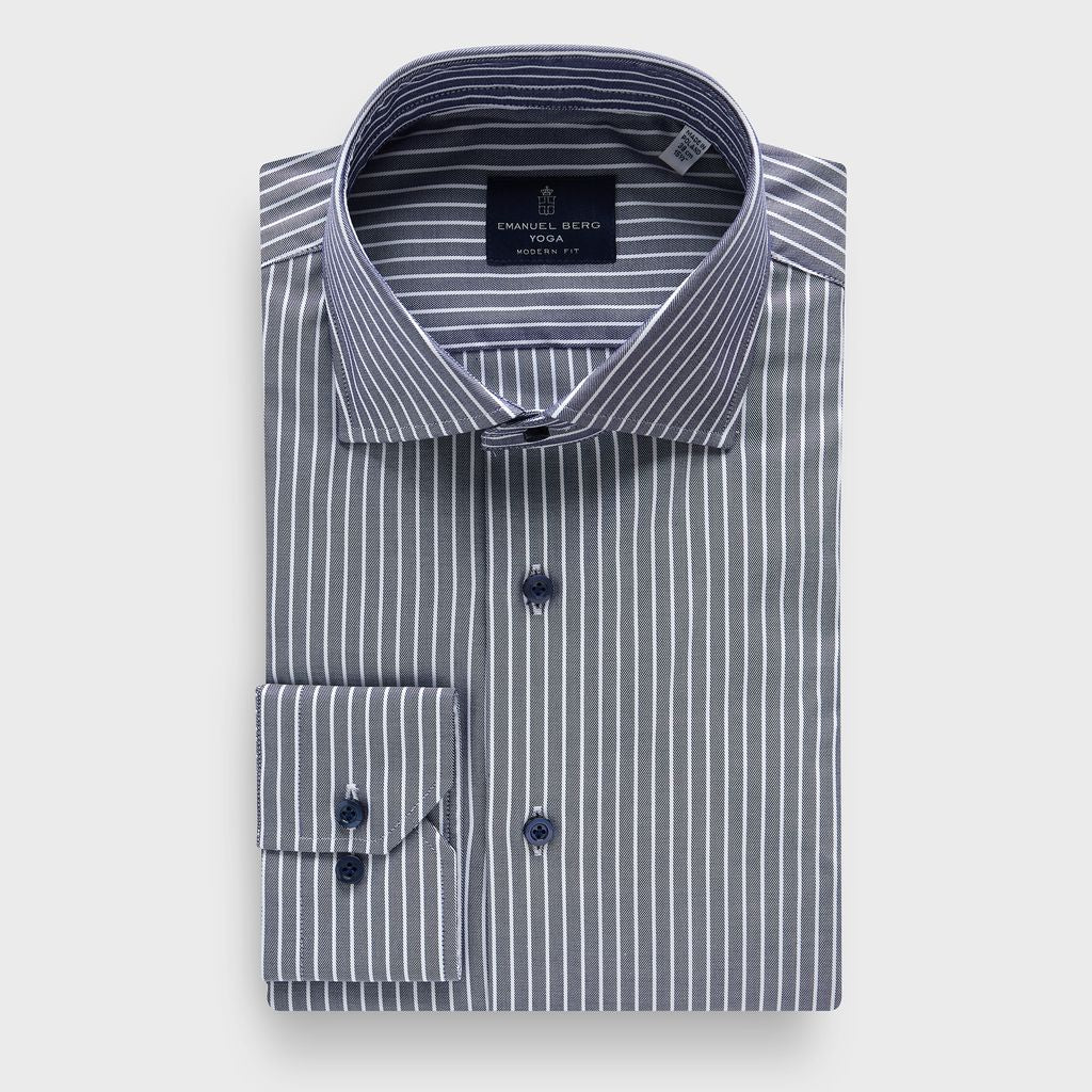 Striped Cotton Twill Premium Luxury Yoga Dress Shirt in MF NAVY — Emanuel Berg