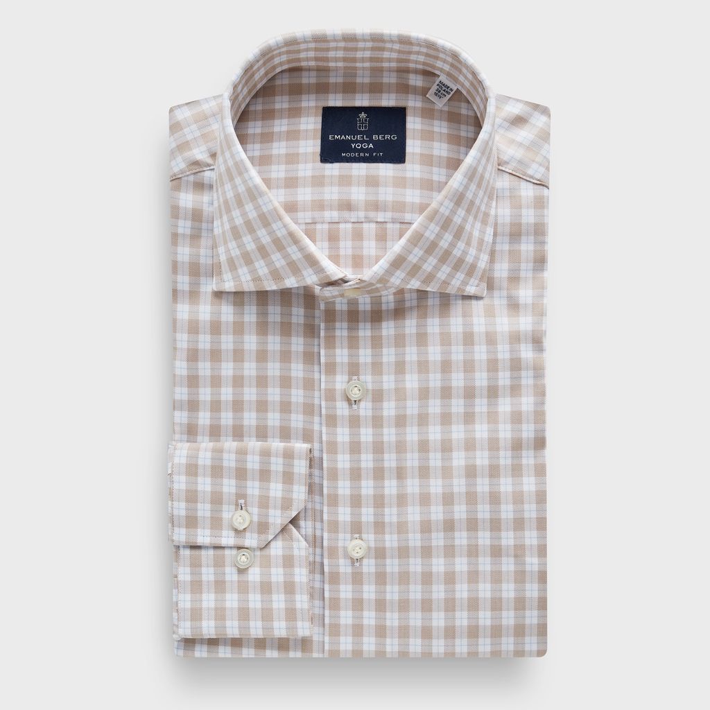 Checked Cotton Twill Premium Luxury Yoga Dress Shirt in MF LIGHT BEIGE — Emanuel Berg