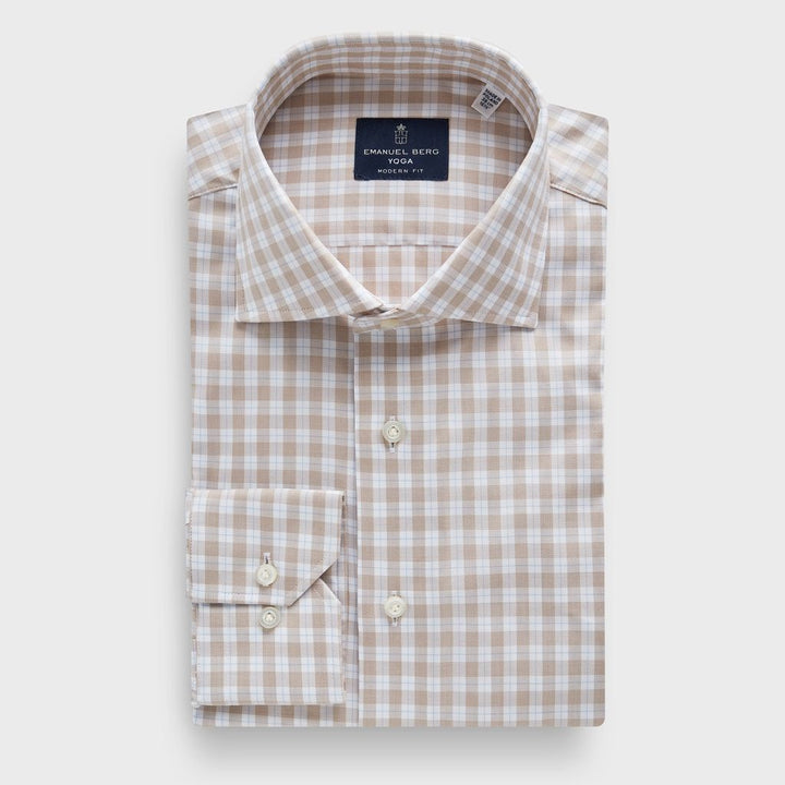 Checked Cotton Twill Premium Luxury Yoga Dress Shirt in Light Beige — Emanuel Berg