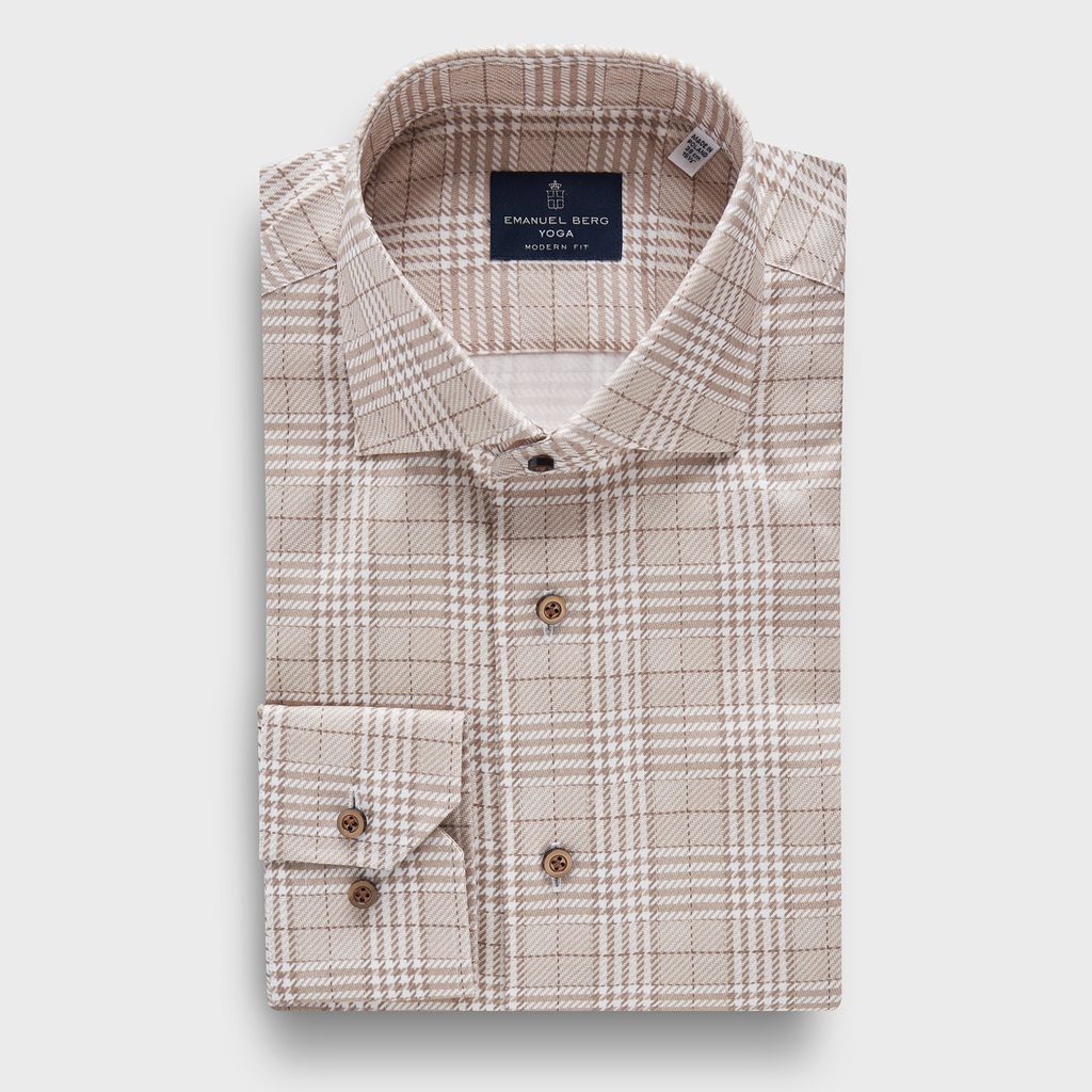 Oversized Check Cotton Twill Premium Luxury Yoga Dress Shirt in MF MEDIUM BEIGE — Emanuel Berg
