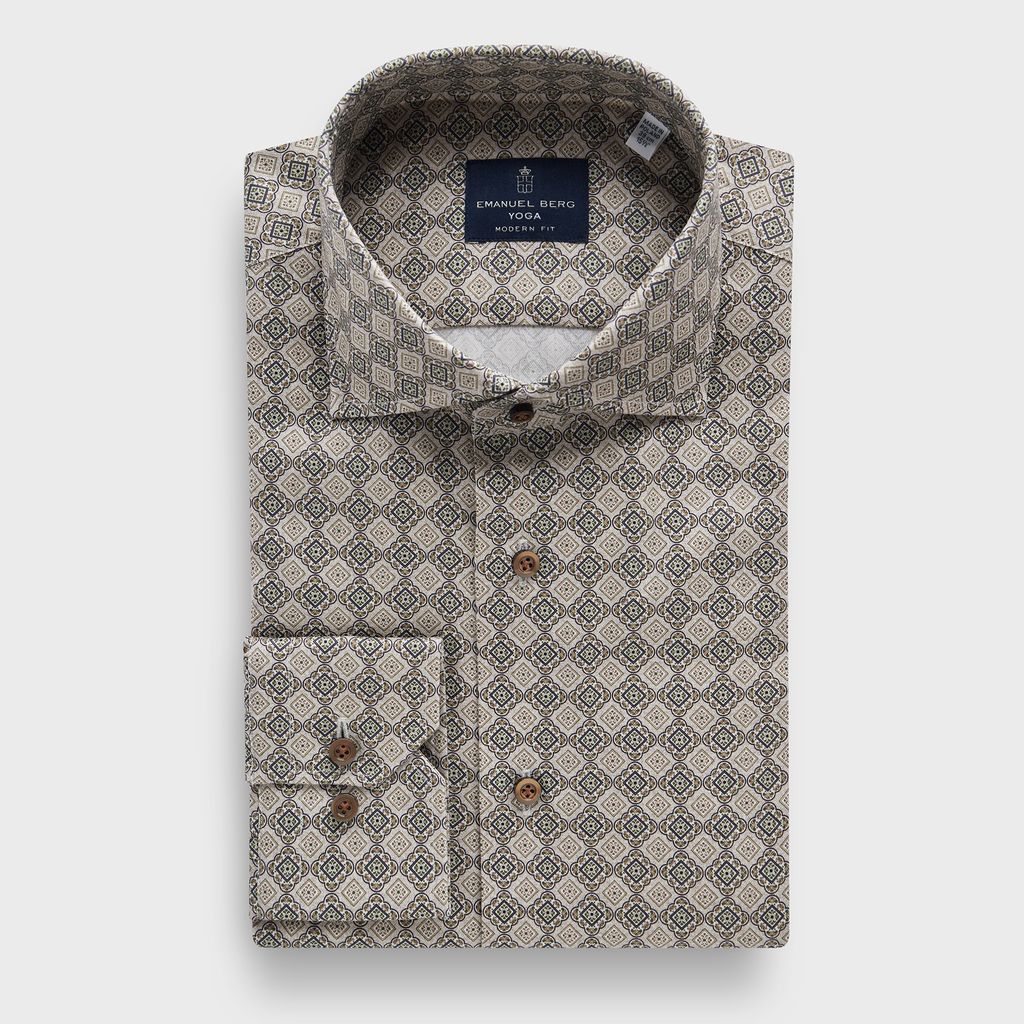 Foulard Pattern Cotton Twill Premium Luxury Yoga Dress Shirt in MF MEDIUM BEIGE — Emanuel Berg