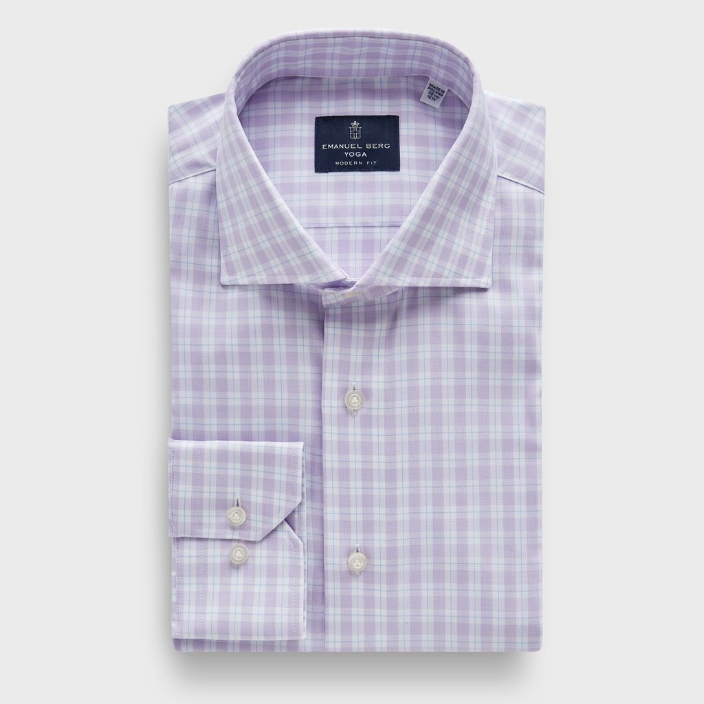 Checked Cotton Twill Premium Luxury Yoga Dress Shirt in MF LIGHT PASTEL PURPLE — Emanuel Berg