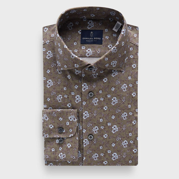 Floral-Print Full-Button Jersey Knit Shirt — Medium Green in Medium Green — Emanuel Berg