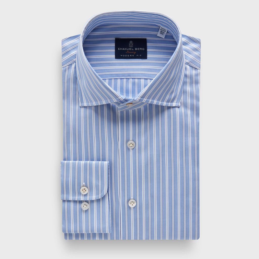 Striped Cotton Poplin Premium Luxury Dress Shirt in MF MEDIUM BLUE — Emanuel Berg