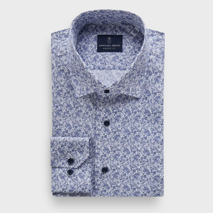 Paisley-Print Stretch-Poplin Dress Shirt — Medium Blue in Medium Blue — Emanuel Berg