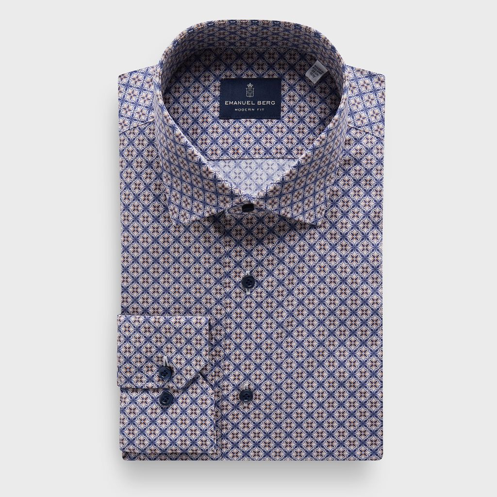 Printed Poplin Stretch Sport Luxury Dress Shirt in MF BROWN — Emanuel Berg