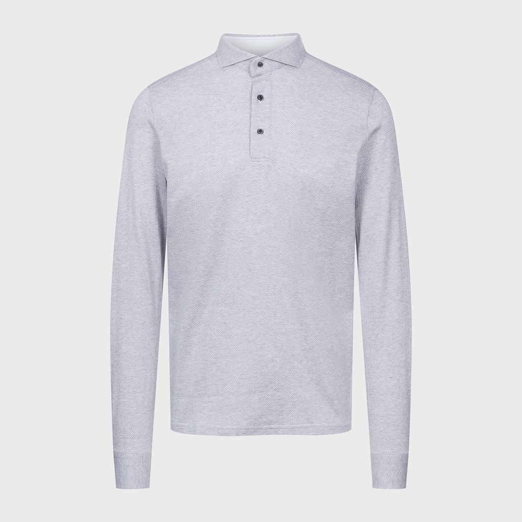 Herringbone Jacquard Long-Sleeve Polo — Light Grey in Light Grey — Emanuel Berg