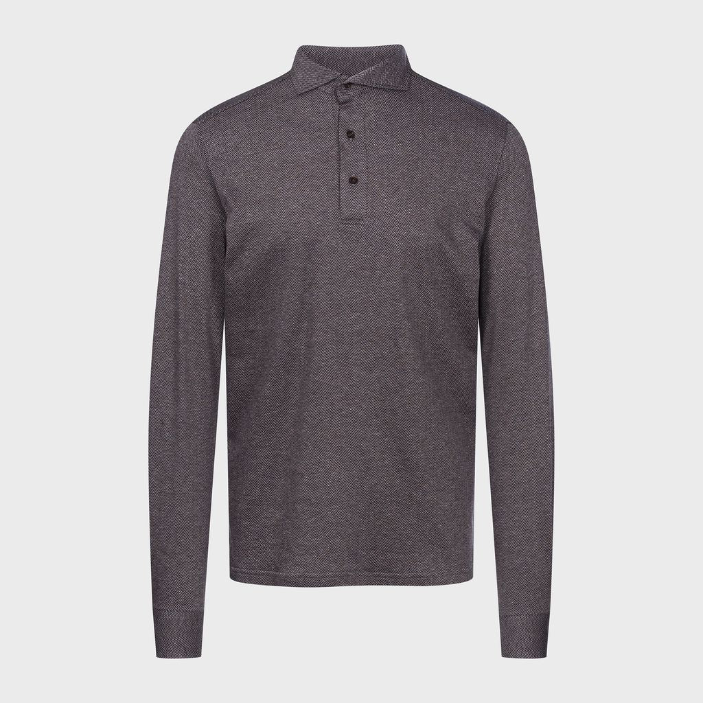 Herringbone Jacquard Luxe Long Sleeve Polo in MF DARK BROWN — Emanuel Berg