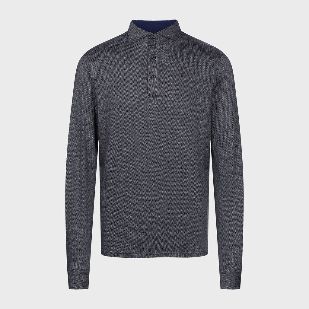Herringbone Jacquard Long-Sleeve Polo — Charcoal in Charcoal — Emanuel Berg