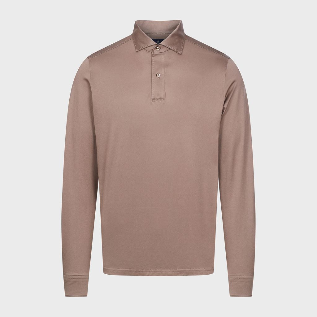 Textured Jacquard Long-Sleeve Knit Polo — Medium Brown in Medium Brown — Emanuel Berg
