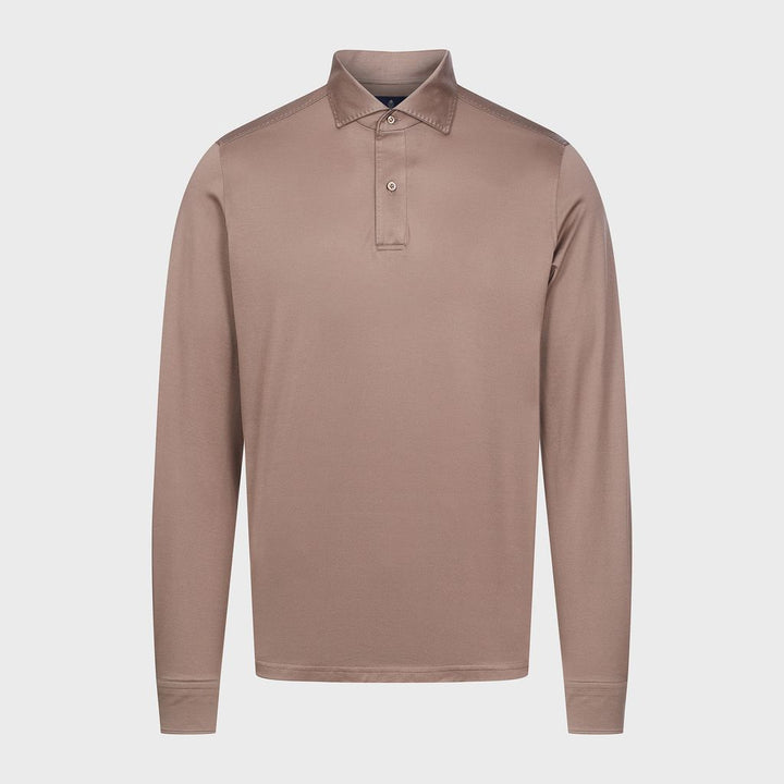 Textured Jacquard Long-Sleeve Knit Polo — Medium Brown in Medium Brown — Emanuel Berg