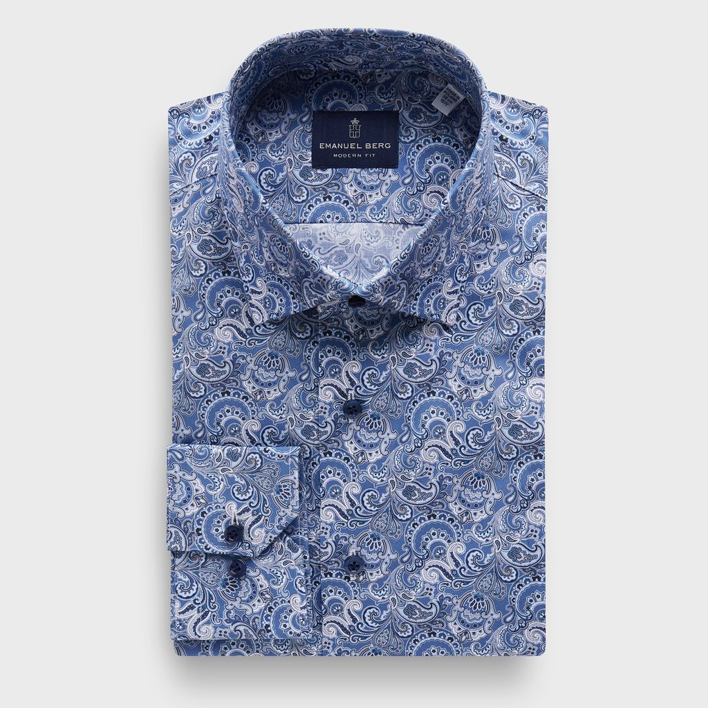 Printed Poplin Stretch Sport Luxury Dress Shirt in MF MEDIUM BLUE — Emanuel Berg