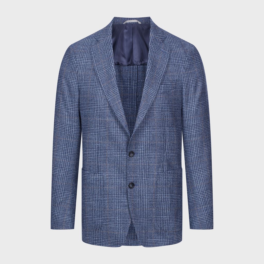 Wool / Cotton Checked Dobby 2-Button Deconstructed Soft Jack in MF MEDIUM BLUE — Emanuel Berg