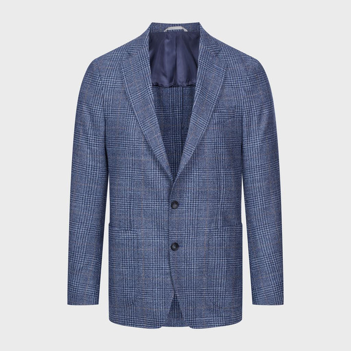 Wool / Cotton Checked Dobby 2-Button Deconstructed Soft Jacket in Medium Blue — Emanuel Berg