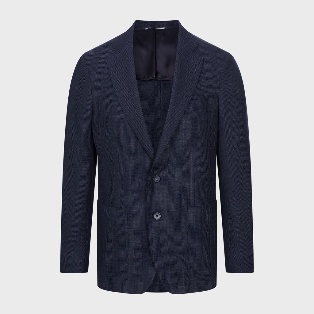 Wool Herringbone Knit Effect 2-Button Deconstructed Soft Ja in MF NAVY — Emanuel Berg