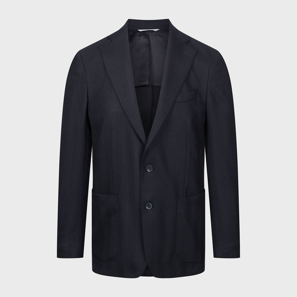 Wool Herringbone Knit Effect 2-Button Deconstructed Soft Ja in MF BLACK — Emanuel Berg
