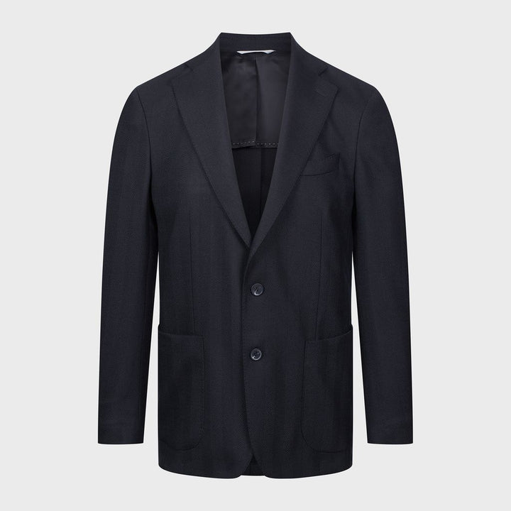 Wool Herringbone Knit Effect 2-Button Deconstructed Soft Jacket in Black — Emanuel Berg