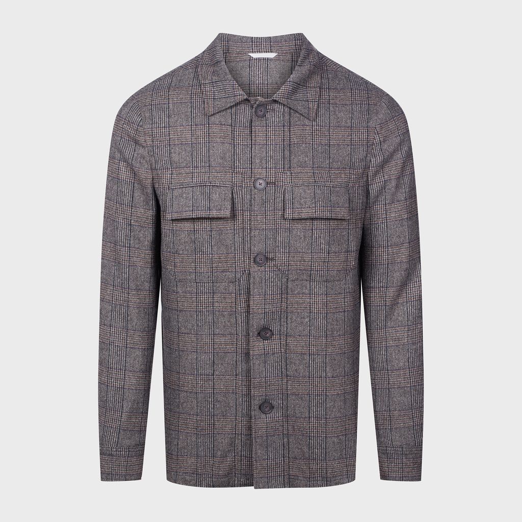 Checked Wool Jersey Deconstructed Shirt Jacket — Dark Brown in Dark Brown — Emanuel Berg