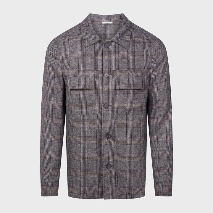 Checked Wool Jersey Deconstructed Shirt Jacket — Dark Brown in Dark Brown — Emanuel Berg